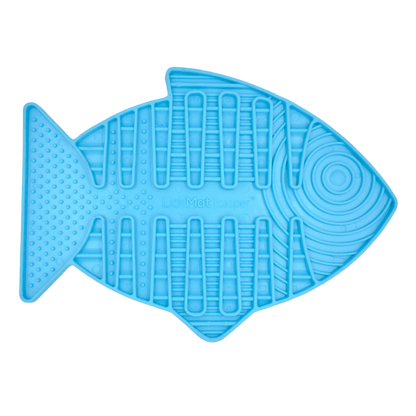 Blue fish-shaped slow feeder mat with raised lick channels for cats