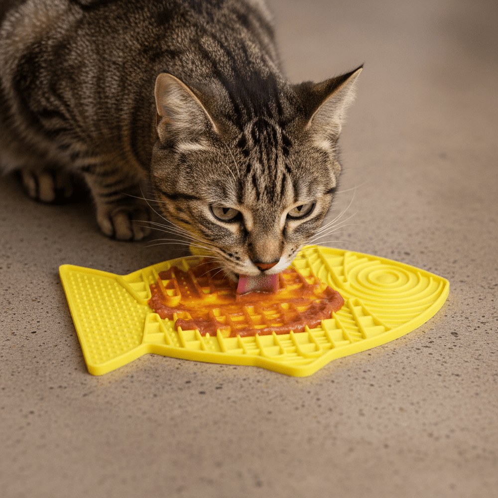 Tabby cat licking a yellow fish-shaped slow feeder mat