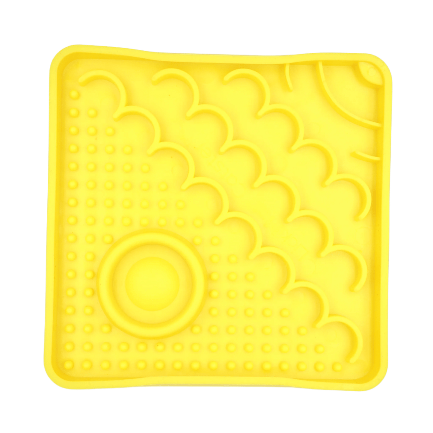 Yellow LickiMat Catster slow feeder with raised cloud pattern and circular center