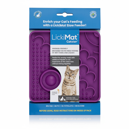 LickiMat Catster slow feeder package showing purple feeding mat