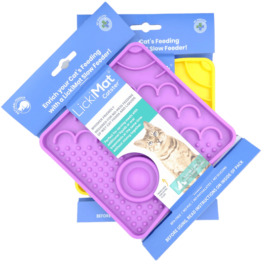 LickiMat Catster slow feeder in packaging with purple mat and yellow backing