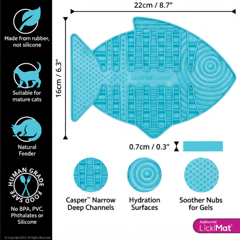 Fish-shaped Catster slow feeder size diagram in blue with feature icons
