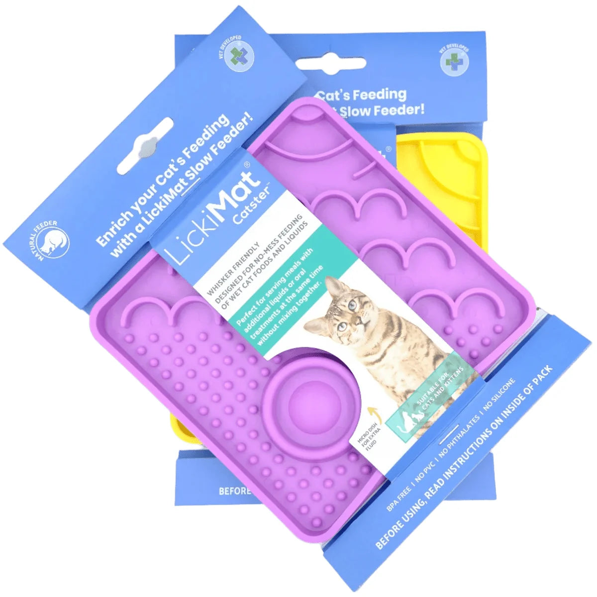 LickiMat Catster slow feeder in packaging with purple mat and yellow backing