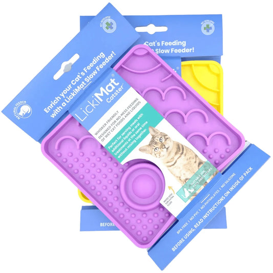LickiMat Catster slow feeder in packaging with purple mat and yellow backing