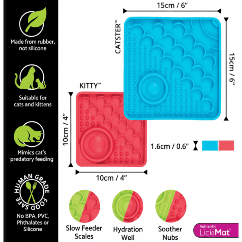 Size diagram for Catster and Kitty slow feeder mats in blue and red