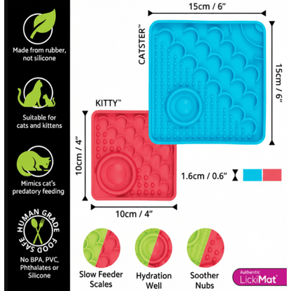 Size diagram for Catster and Kitty slow feeder mats in blue and red