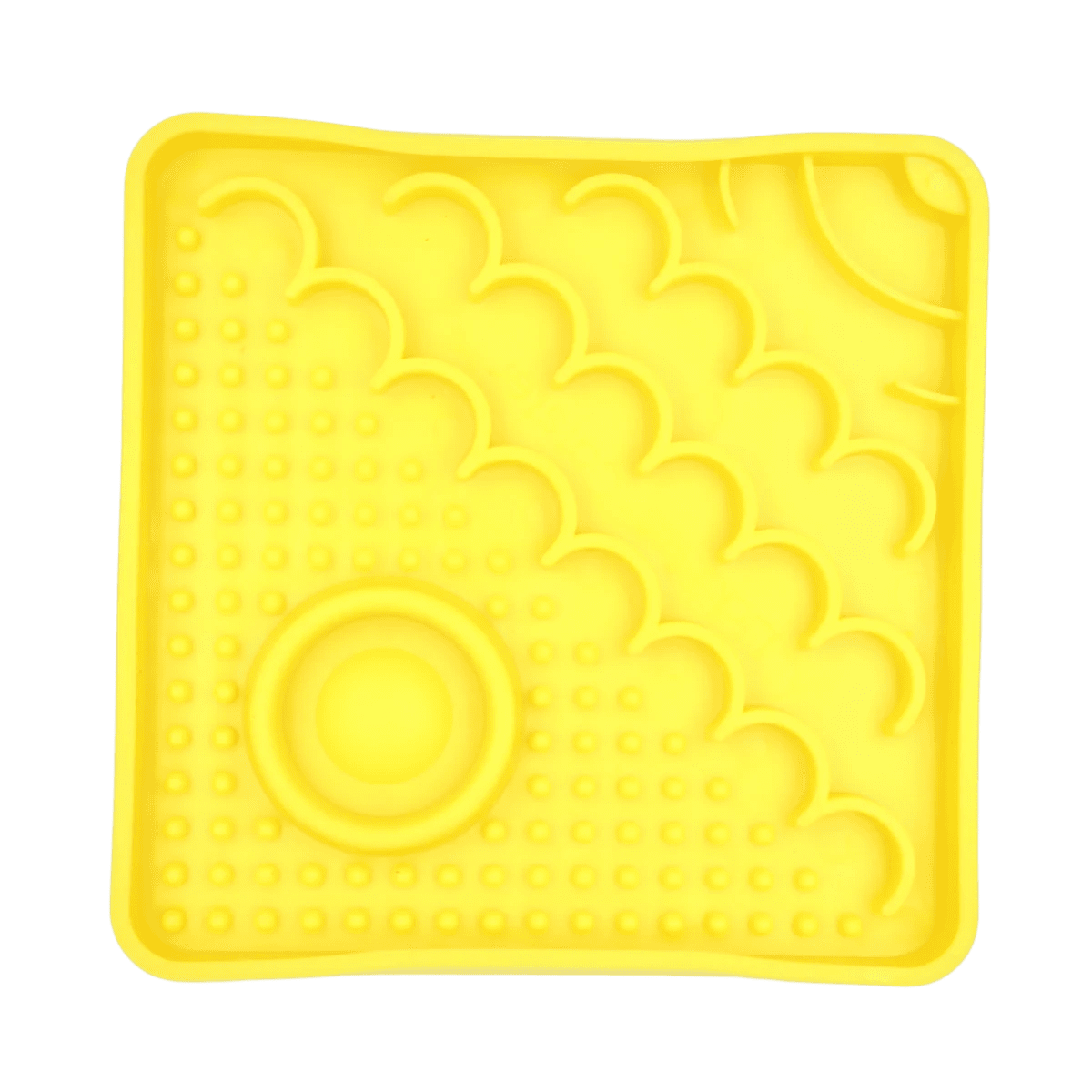 Yellow LickiMat Catster slow feeder with raised cloud pattern and circular 