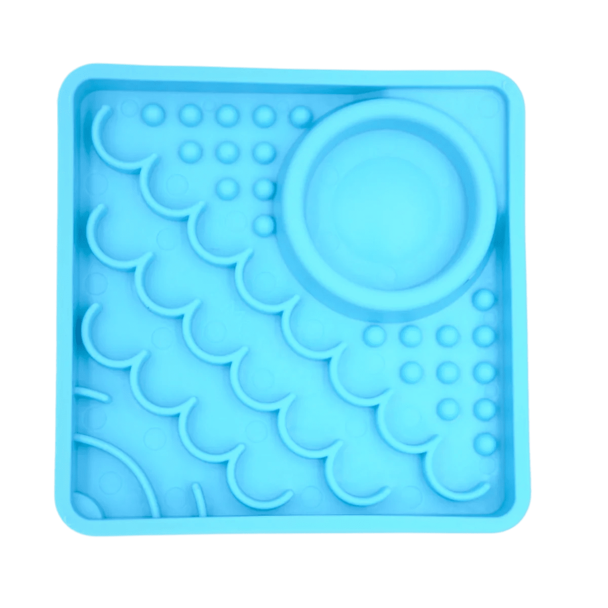 LickiMat® Kitty slow feeder for kittens in turquoise blue, with raised lick nubs and dish