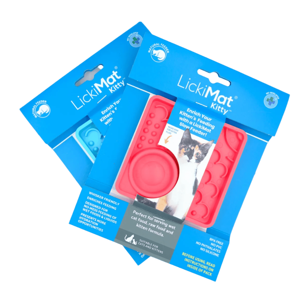 LickiMat® Kitty slow feeder retail pack showing pink slow feeder tray on blue card