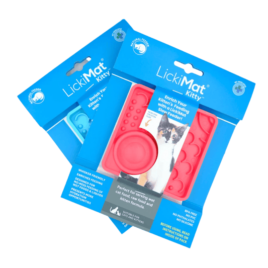 LickiMat® Kitty slow feeder retail pack showing pink slow feeder tray on blue card