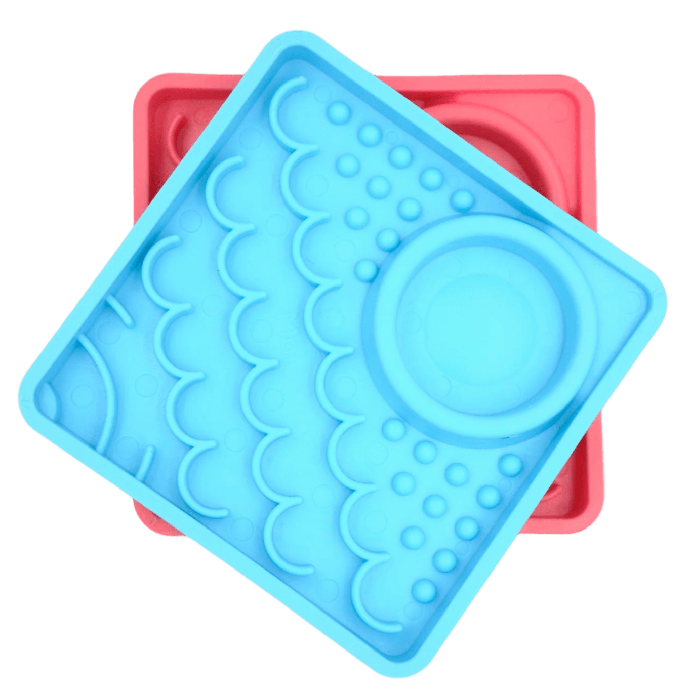 LickiMat® Kitty slow feeder set: blue tray over pink tray with raised lick nubs and dish