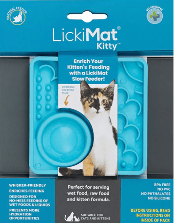 LickiMat® Kitty slow feeder retail pack with blue tray insert and kitten feeding icon