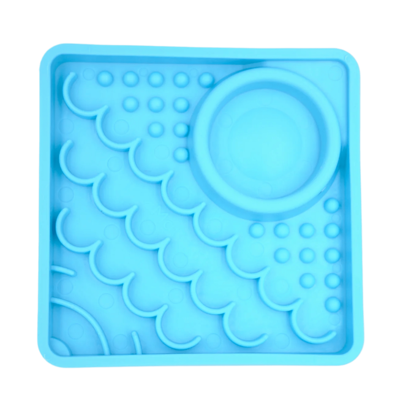 LickiMat® Kitty slow feeder for kittens in turquoise blue, with raised lick nubs and dish