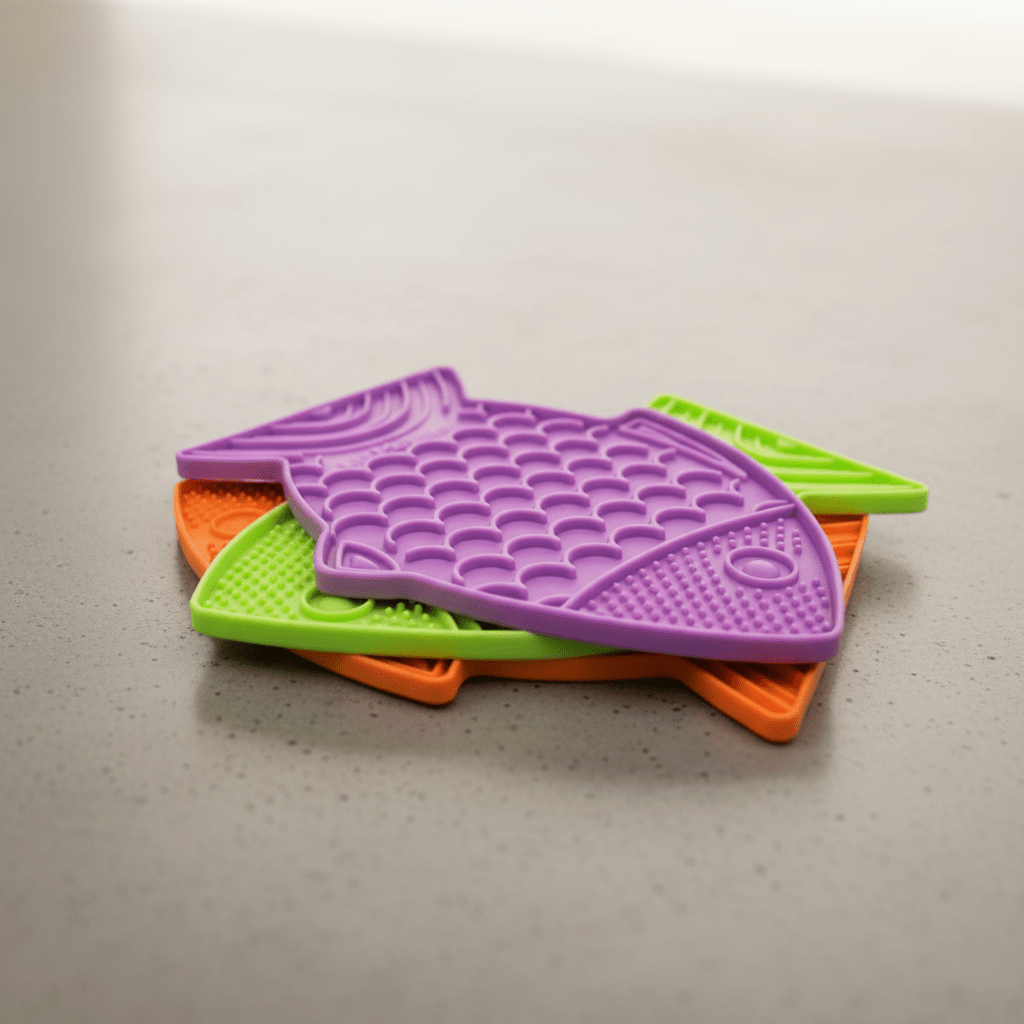 Purple cat slow feeder fish mat with raised lick nubs and ridged channels