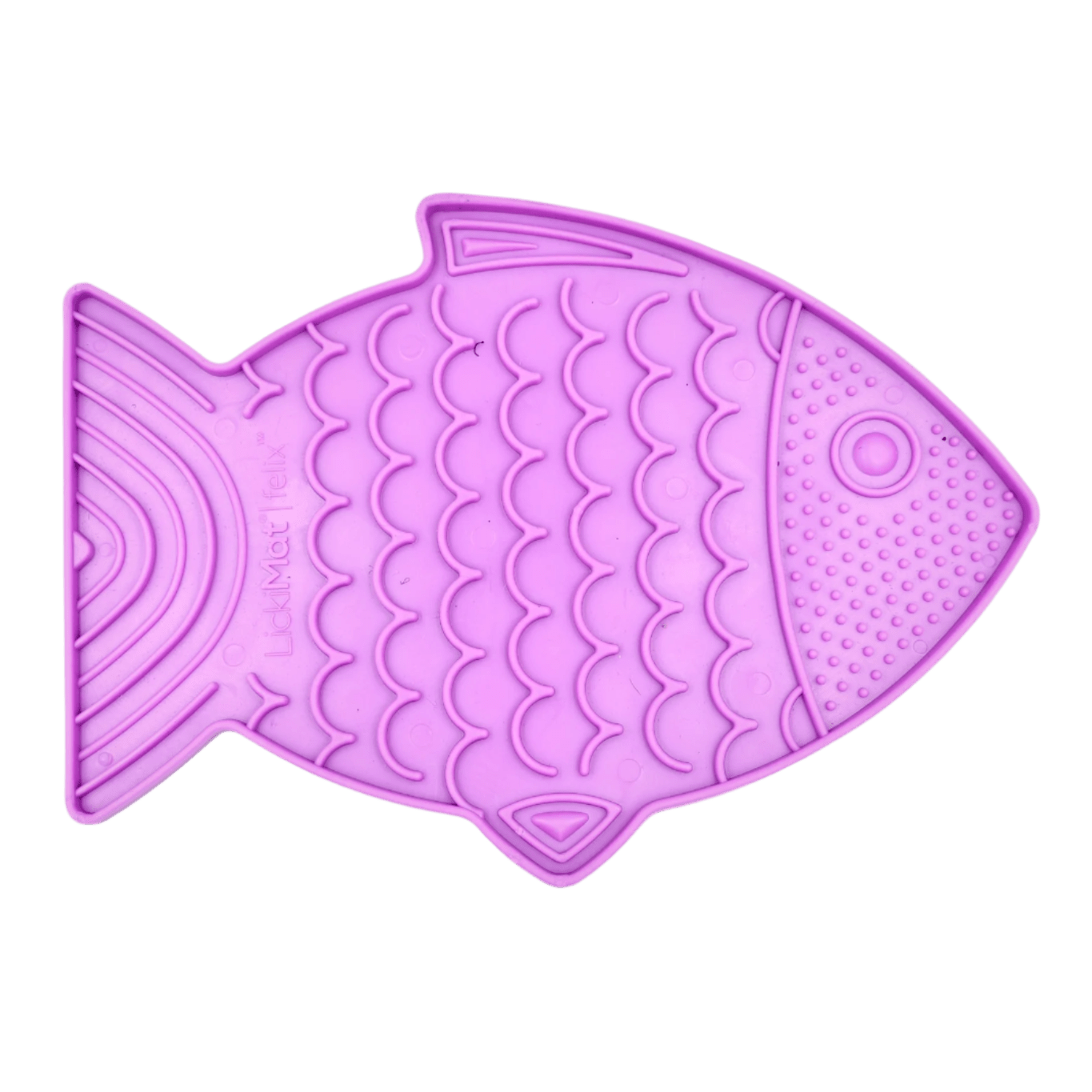 Purple fish-shaped cat slow feeder with raised licking nubs and ridged channels