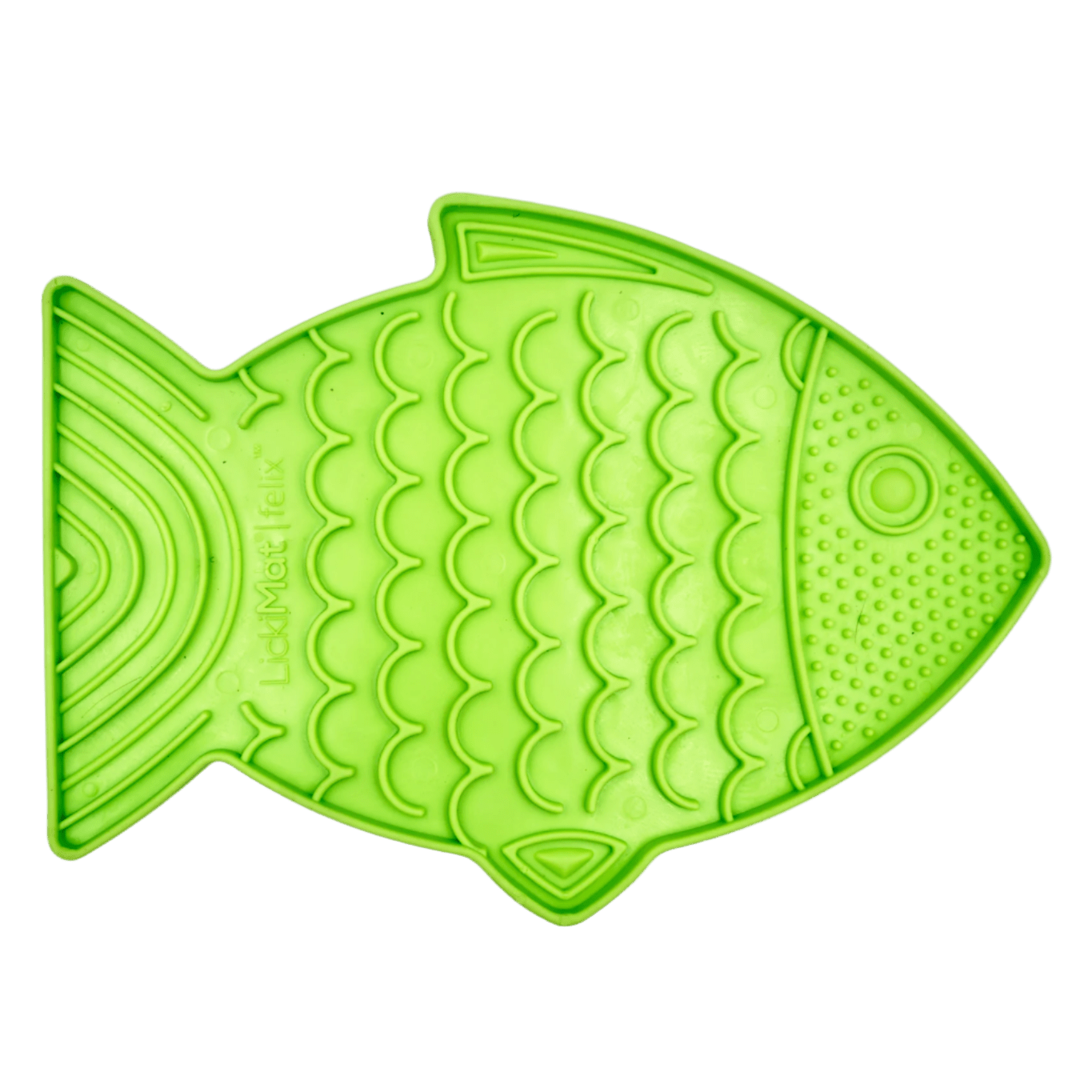 Green fish-shaped cat slow feeder with raised licking nubs and ridged channels