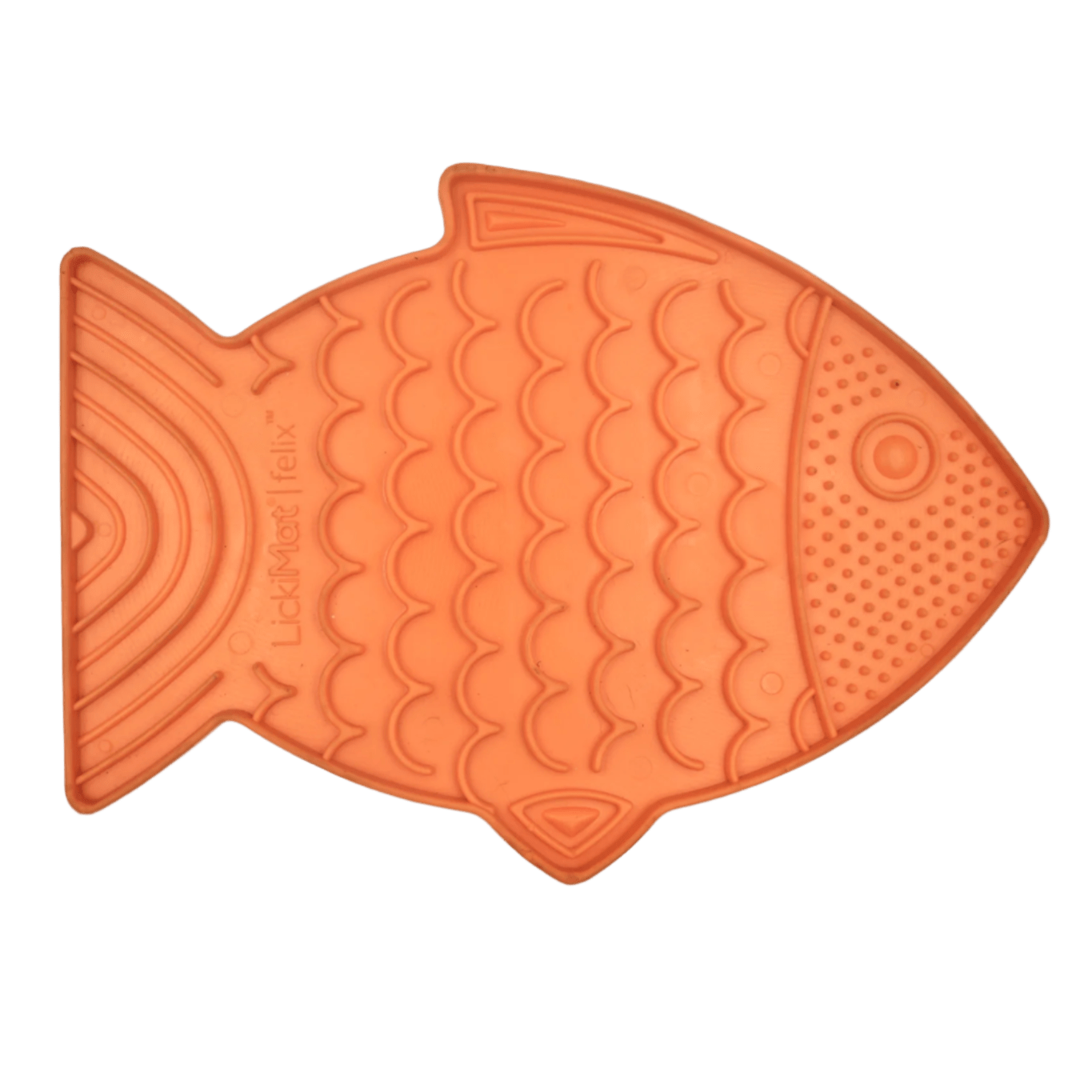 Orange fish-shaped cat slow feeder with raised licking nubs and ridged channels