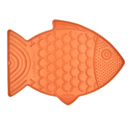 Orange fish-shaped cat slow feeder with raised licking nubs and ridged channels