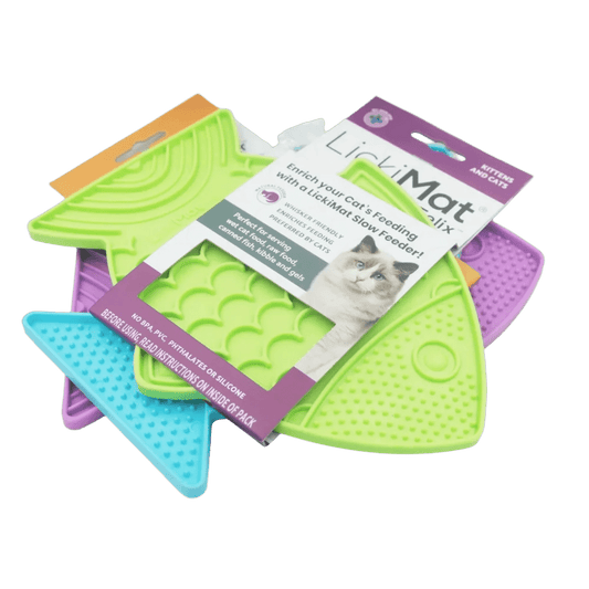 Cat slow feeder fish mats in purple, lime green, and blue with product packaging