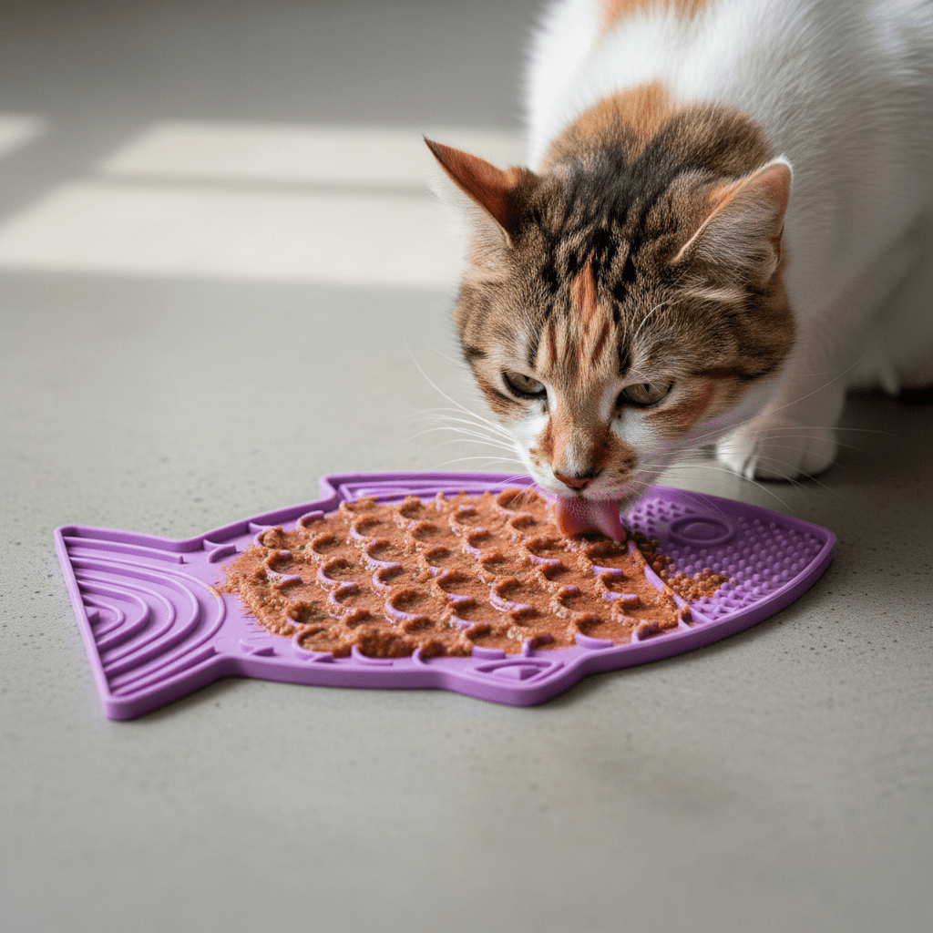 Tabby cat licking from purple fish-shaped slow feeder with textured nubs