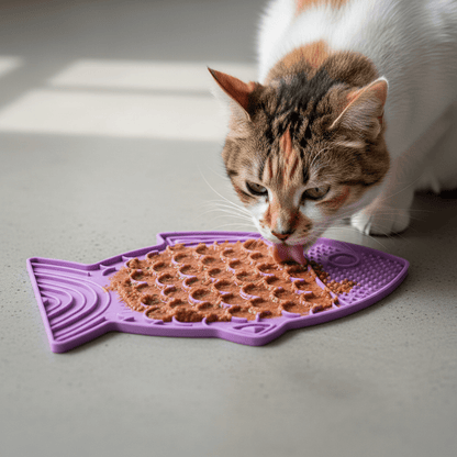 Tabby cat licking from purple fish-shaped slow feeder with textured nubs