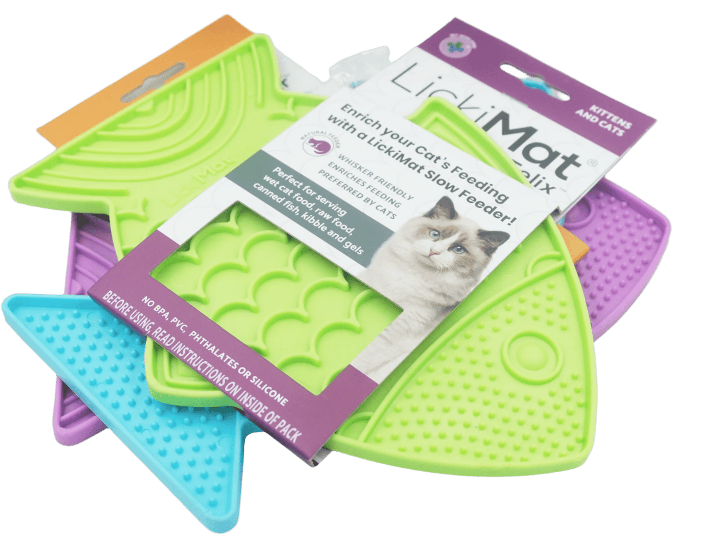 Cat slow feeder fish mats in purple, lime green, and blue with product packaging