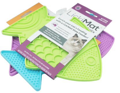 Cat slow feeder fish mats in purple, lime green, and blue with product packaging