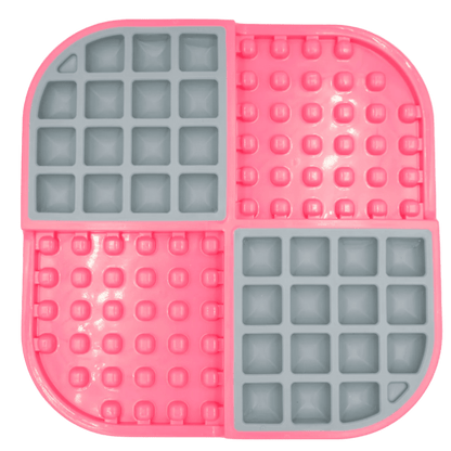 Slow feeder cat feeding mat with pink silicone and gray puzzle sections