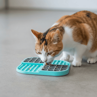 Cat eating from turquoise slow feeder silicone mat with raised puzzle cavities