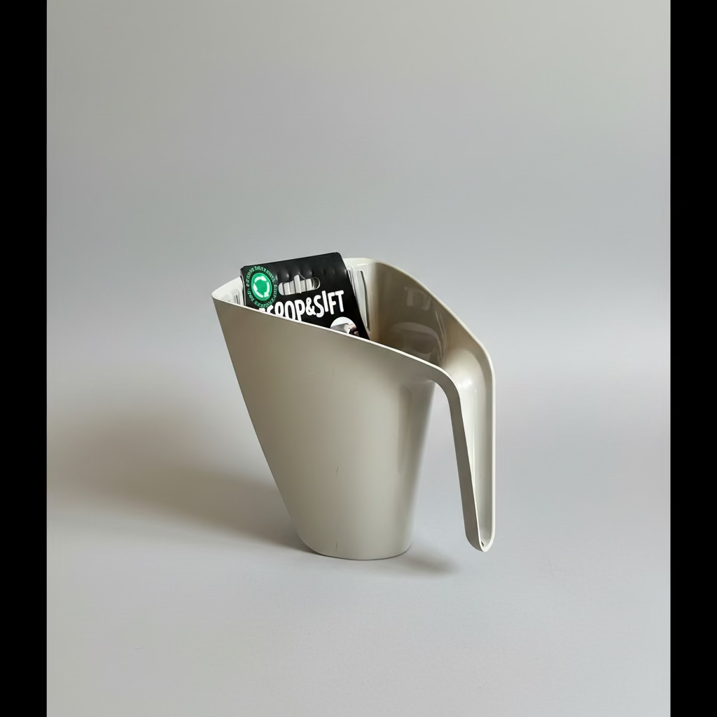 Off-white cat litter scoop with curved handle and perforated sifting edge