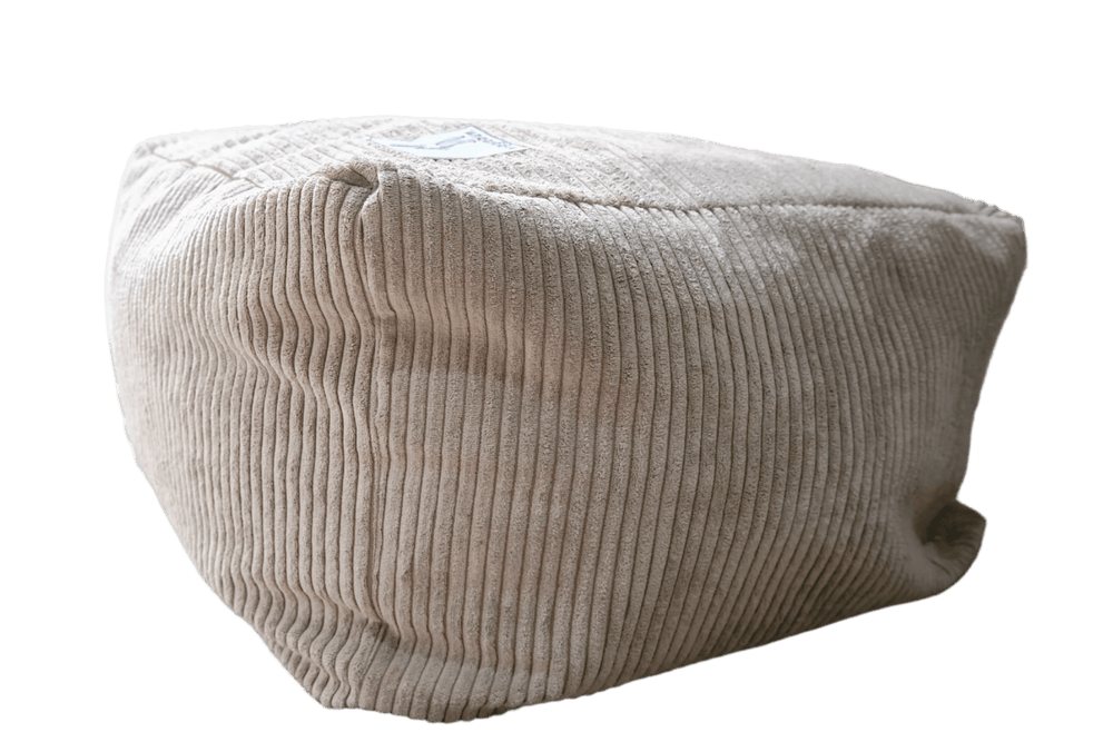 Soft grey corduroy cat bed cube with ribbed sides and rounded edges