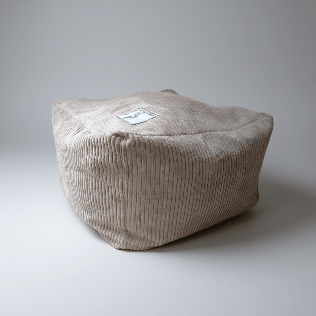 Soft grey corduroy cat bed cube with plush top and ribbed sides