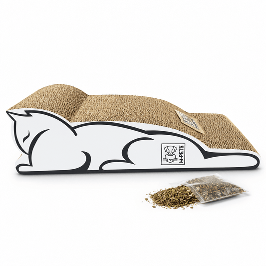 Beige cat scratcher shaped like a lounging cat with catnip pouch