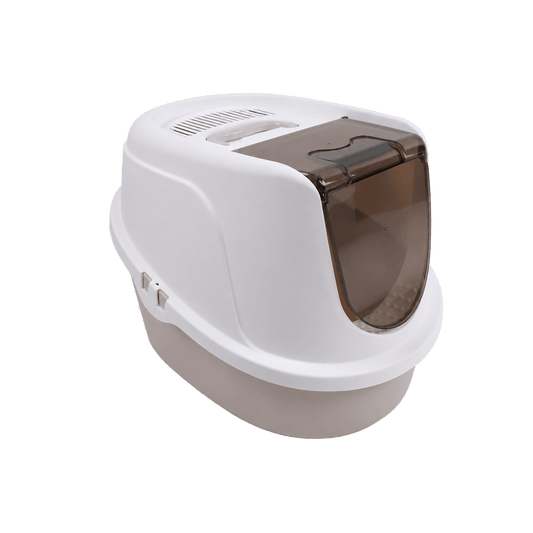 M-PETS Eco Tima enclosed cat litter box in Desert Sand, three-quarter front view