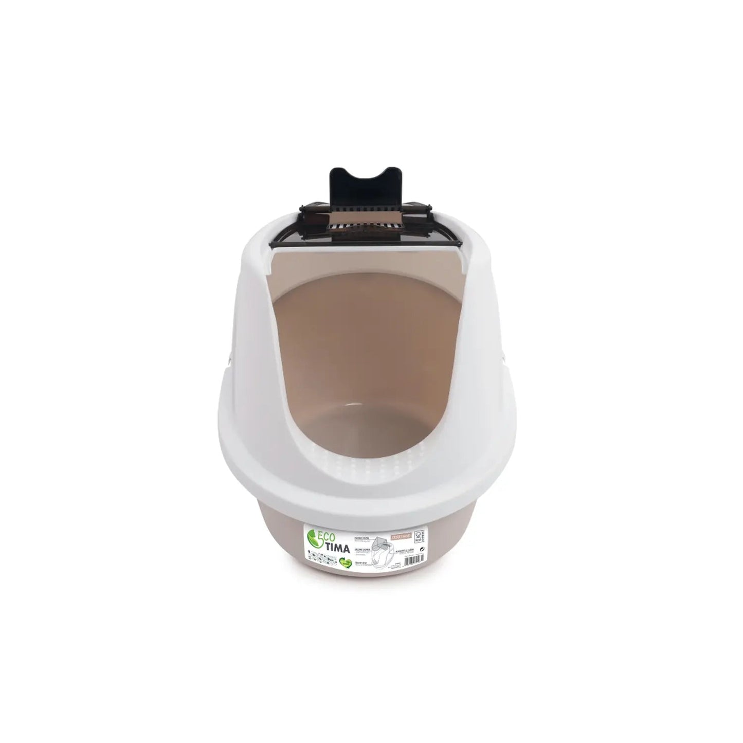 M-PETS Eco Tima enclosed cat litter box in Desert Sand, front view with the swing door lifted open