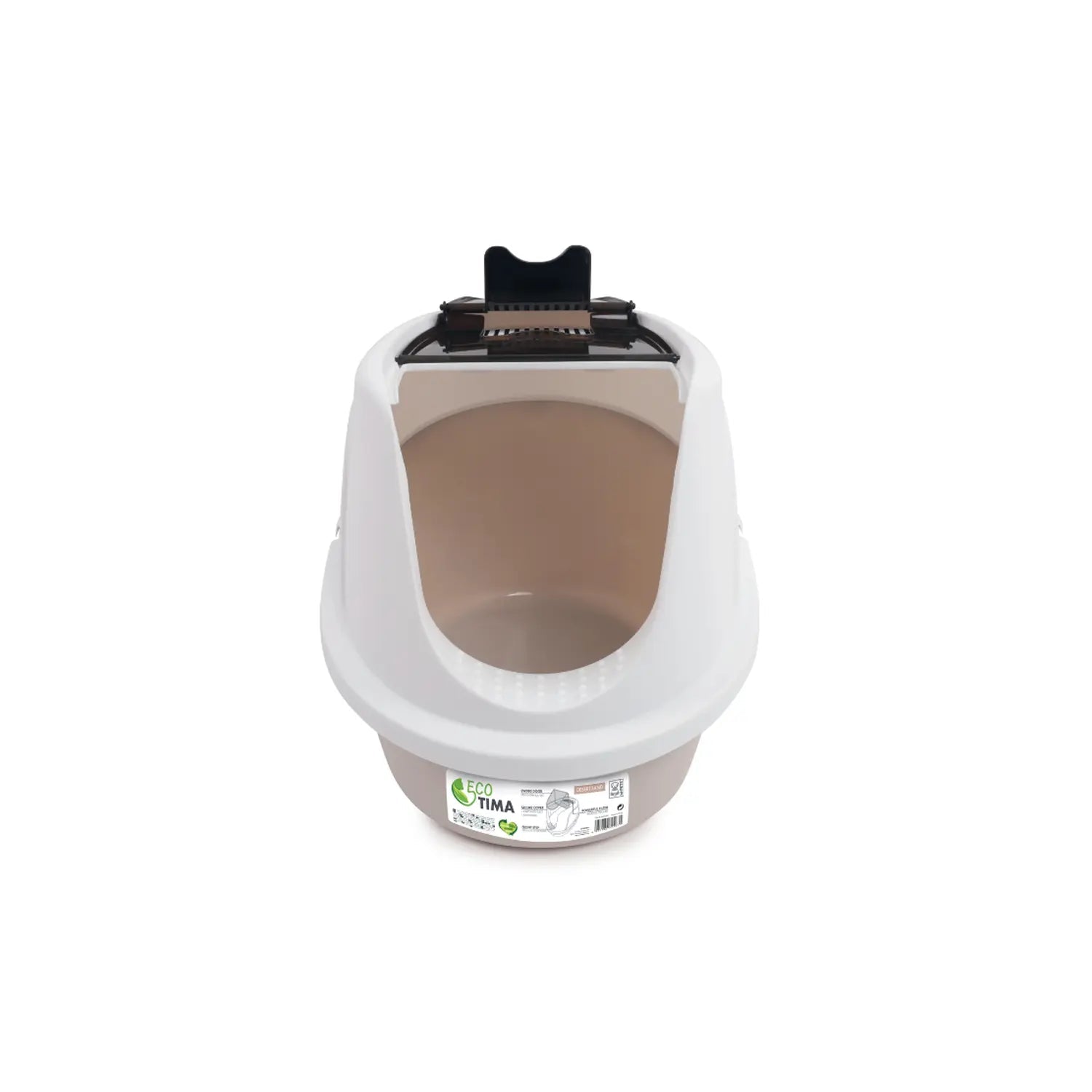M-PETS Eco Tima enclosed cat litter box in Desert Sand, front view with the swing door lifted open