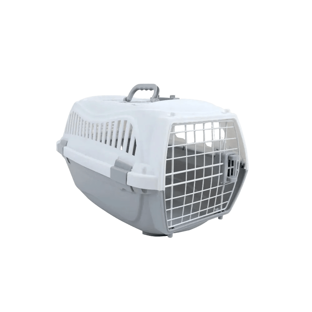 White pet carrier with carry handle and front ventilation grille; no pet inside.