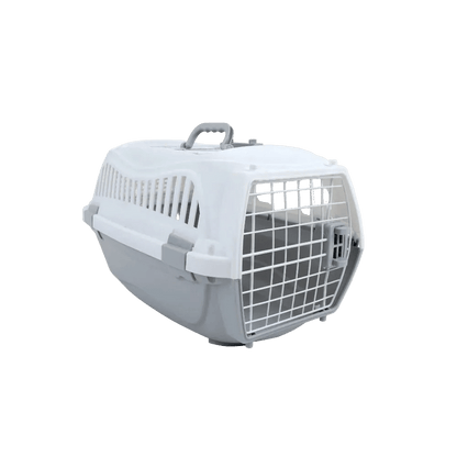 White pet carrier with carry handle and front ventilation grille; no pet inside.