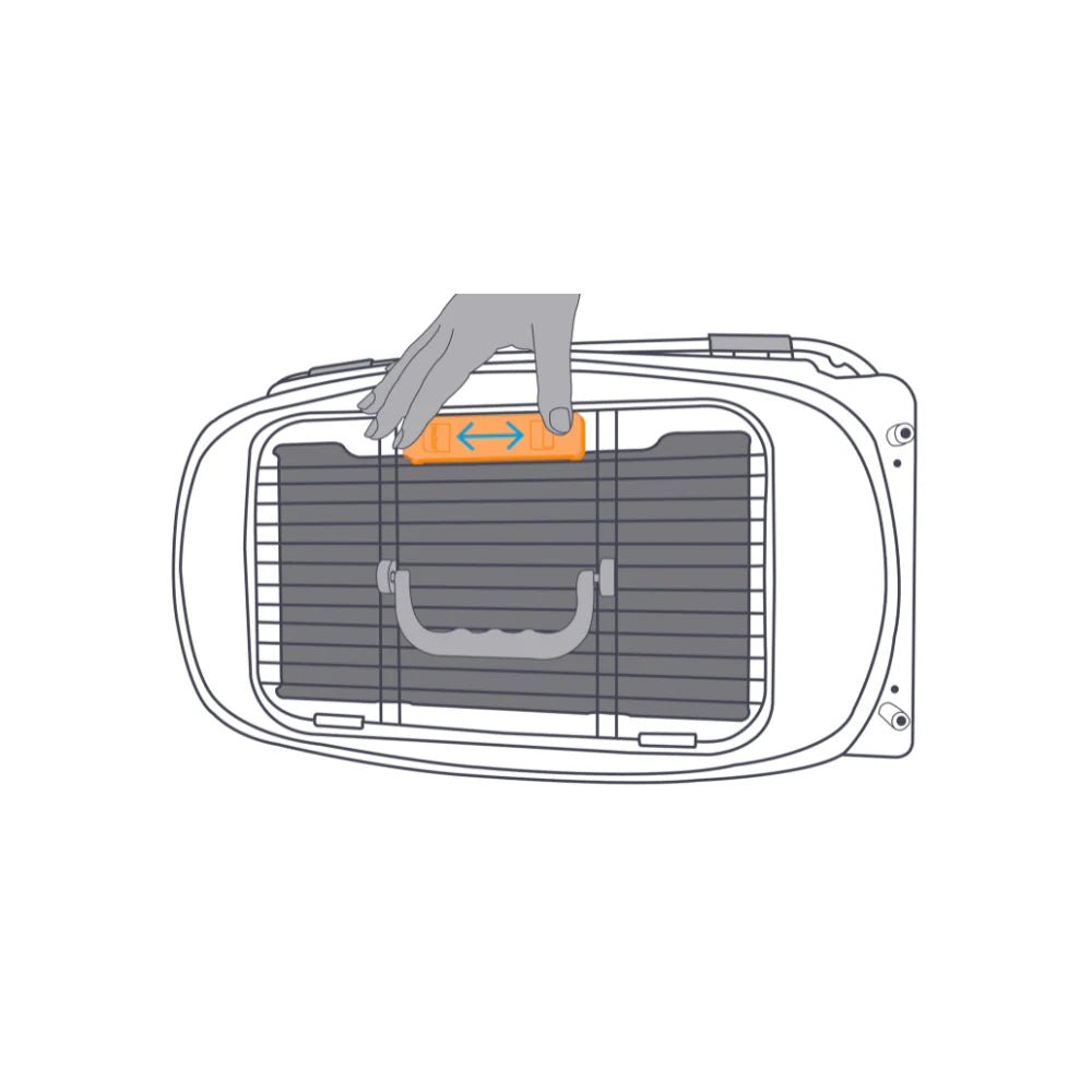 Pet carrier cutaway diagram showing latch and airflow direction arrows.