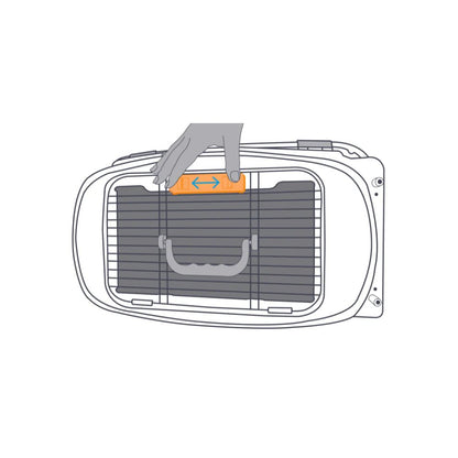 Pet carrier cutaway diagram showing latch and airflow direction arrows.