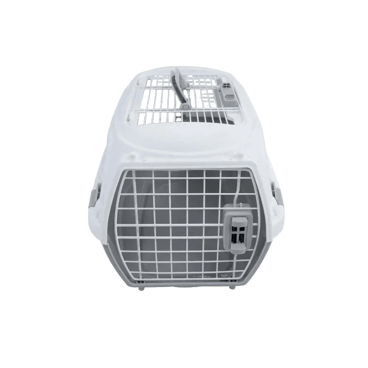White pet carrier end view with front grille panel and rear ventilation openings.