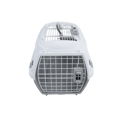 White pet carrier end view with front grille panel and rear ventilation openings.
