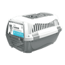 White pet carrier side view with front grille and carry handle; blue label panel visible.
