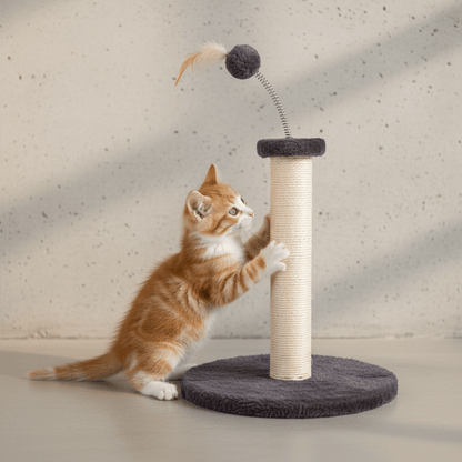 Kitten cat tree with cream post, dark round base, grey cubby, and hanging pom feather