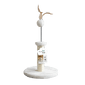 White kitten cat scratching tree with circular base and dangling pom ball and feather