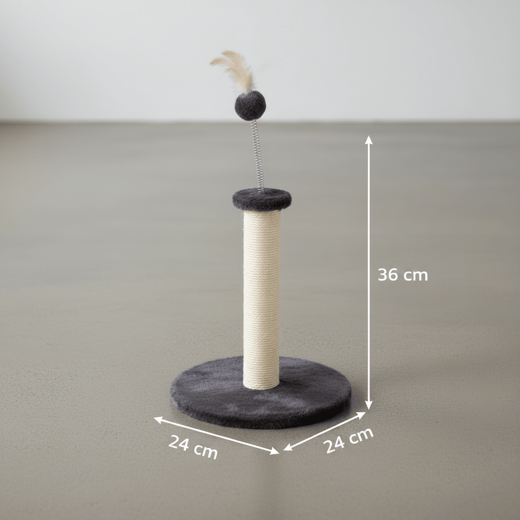 Compact kitten cat tree with cream post, dark round base, grey top pom, and spring toy