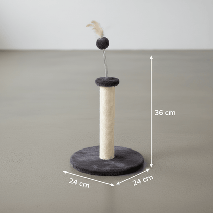 Compact kitten cat tree with cream post, dark round base, grey top pom, and spring toy