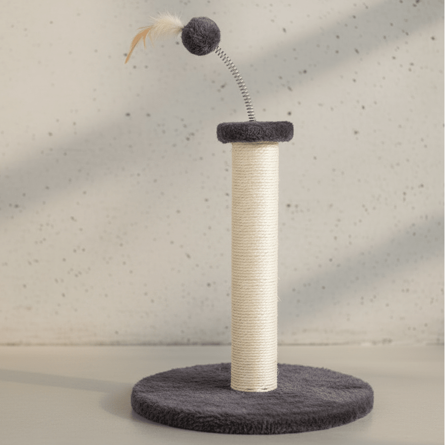Kitten cat tree with cream post, dark circular base, grey top perch, and pom feather