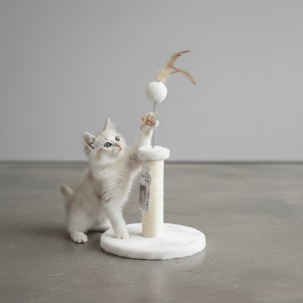 White kitten cat tree with fuzzy post, hanging pom ball, and feather toy with kitten