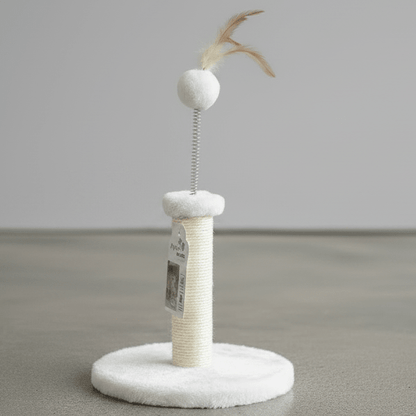 Cream and white kitten cat tree with fuzzy ball top, dangling pom, and round base